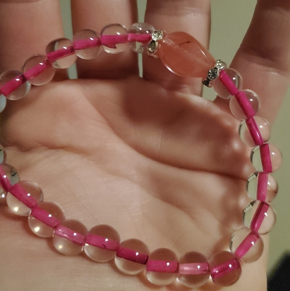 New White Crystal Ball Red Cherry Quartz Bracelet. - Picture 2 of 6